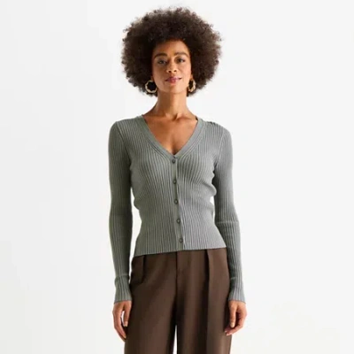 Worthington Womens Long Sleeve Button Open Front Cardigan In Gray