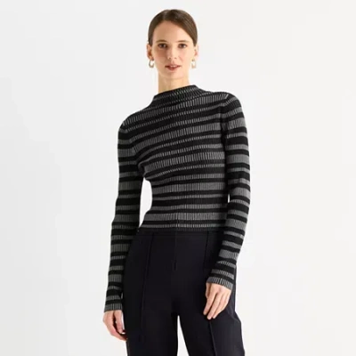 Worthington Womens Mock Neck Long Sleeve Striped Pullover Sweater In Black
