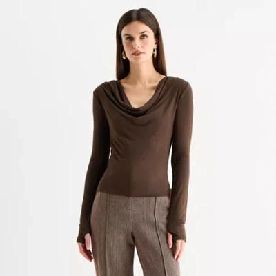 Worthington Womens Cowl Neck Long Sleeve Blouse In Brown