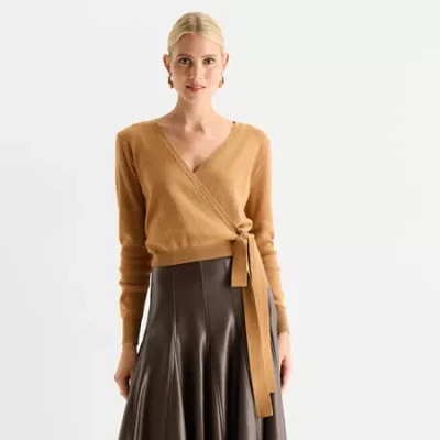 Worthington Womens V Neck Long Sleeve Pullover Sweater In Brown