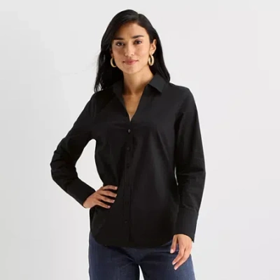 Worthington Womens Cuffed Long Sleeve Regular Fit Poplin Button-down Shirt In Black
