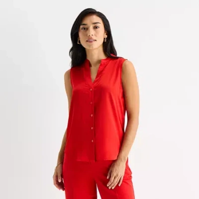 Worthington Womens Henley Neck Sleeveless Satin Blouse In Red