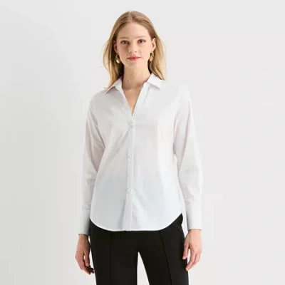 Worthington Womens Cuffed Long Sleeve Regular Fit Poplin Button-down Shirt In White