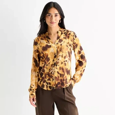 Worthington Womens Y Neck Long Sleeve Blouse In Brown