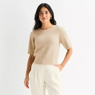 Worthington Womens Crew Neck Short Sleeve Pullover Sweater In Neutral