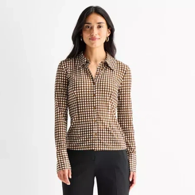 Worthington Womens Long Sleeve Blouse In Brown