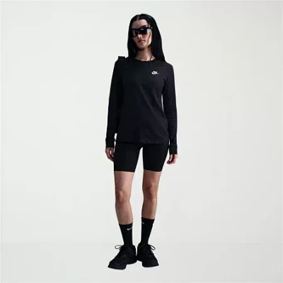 Nike Club Womens Crew Neck Long Sleeve Active T-shirt In Black