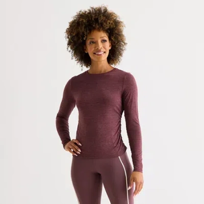 Xersion Womens Everyday Ruched Crew Neck Long Sleeve Quick Dry Active T-shirt In Brown