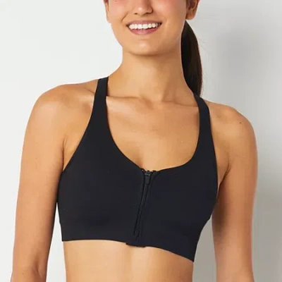 Xersion Medium Support Zip Front Seamless Sports Bra In Black