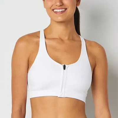 Xersion Medium Support Zip Front Seamless Sports Bra In White