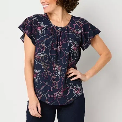 Liz Claiborne Womens Scoop Neck Short Sleeve Blouse In Blue