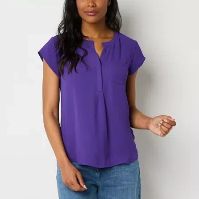 Liz Claiborne Womens Crew Neck Short Sleeve Satin Blouse In Purple