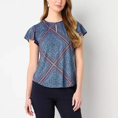 Liz Claiborne Womens Keyhole Neck Short Sleeve Blouse In Blue