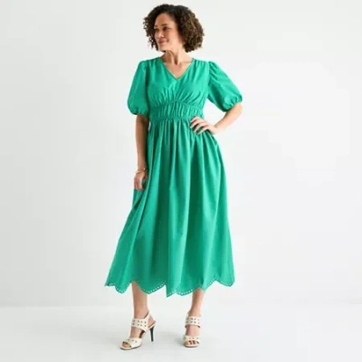 Liz Claiborne Womens Short Sleeve Midi A-line Dress In Green
