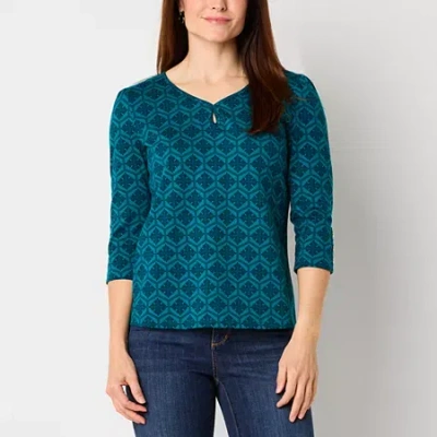 Liz Claiborne Womens Keyhole Neck 3/4 Sleeve Blouse In Blue