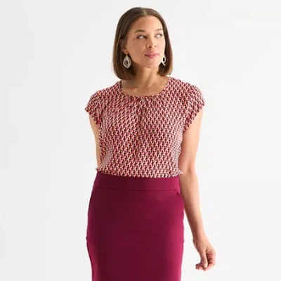 Liz Claiborne Womens Crew Neck Short Sleeve Satin Blouse In Multi