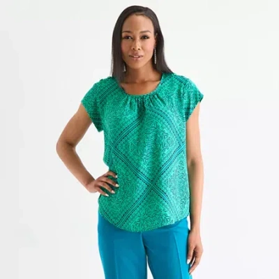 Liz Claiborne Womens Crew Neck Short Sleeve Satin Blouse In Gray