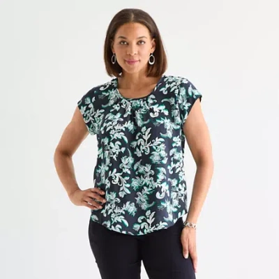 Liz Claiborne Womens Crew Neck Short Sleeve Satin Blouse In Multi