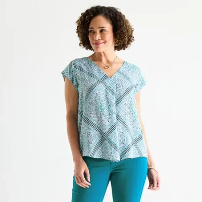 Liz Claiborne Womens V Neck Short Sleeve Satin Blouse In White