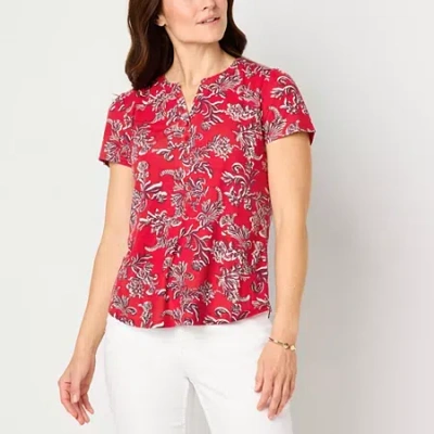 Liz Claiborne Womens Split Crew Neck Short Sleeve Blouse In Red