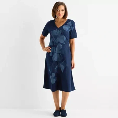 Liz Claiborne Womens Short Sleeve Midi Floral A-line Dress In Blue