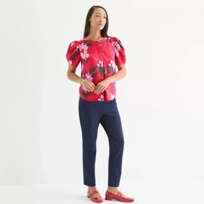 Liz Claiborne Womens Crew Neck Short Sleeve Blouse In Red