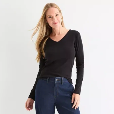 Liz Claiborne Womens V Neck Long Sleeve T-shirt In Black