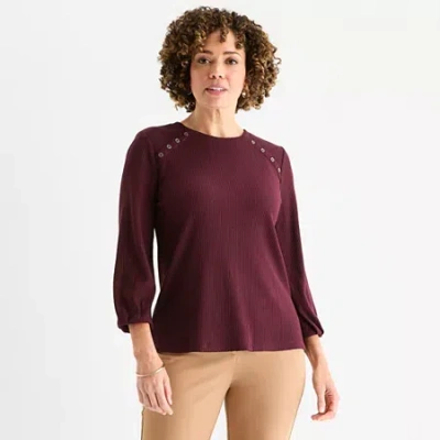 Liz Claiborne Womens Crew Neck 3/4 Sleeve Blouse In Burgundy