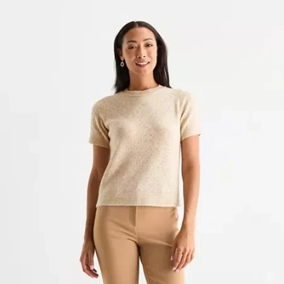 Liz Claiborne Womens Crew Neck Short Sleeve Pullover Sweater In Sand