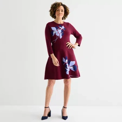 Liz Claiborne Womens Long Sleeve Floral Midi Sweater Dress In Red