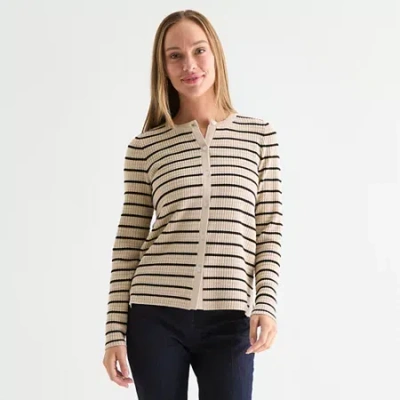 Liz Claiborne Womens Crew Neck Long Sleeve Striped Pullover Sweater In Sand