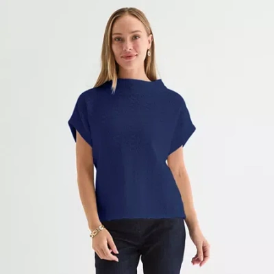 Liz Claiborne Womens Mock Neck Short Sleeve Pullover Sweater In Blue
