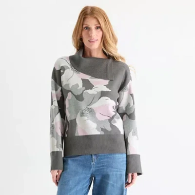 Liz Claiborne Womens Draped Neck Long Sleeve Floral Pullover Sweater In Gray