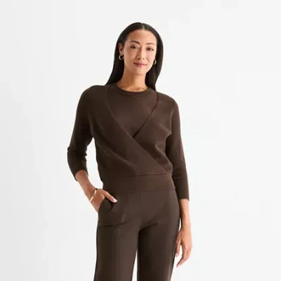 Liz Claiborne Womens Crew Neck 3/4 Sleeve Pullover Sweater In Brown