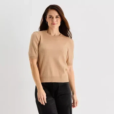 Liz Claiborne Womens Crew Neck Short Sleeve Pullover Sweater In Sand