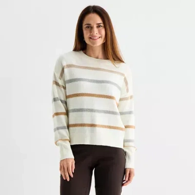 Liz Claiborne Womens Crew Neck Long Sleeve Striped Pullover Sweater In White