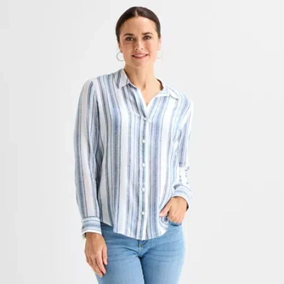 Liz Claiborne Womens Cuffed Long Sleeve Loose Fit Button-down Shirt In Blue