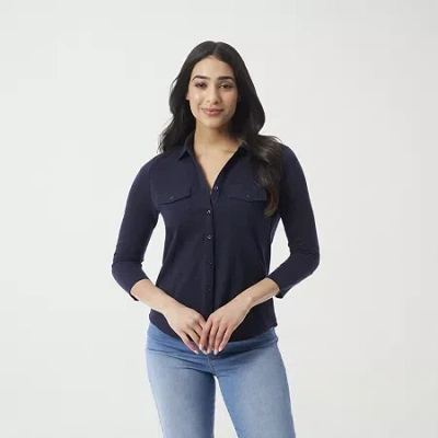 Gloria Vanderbilt Womens 3/4 Sleeve Regular Fit Button-down Shirt In Blue
