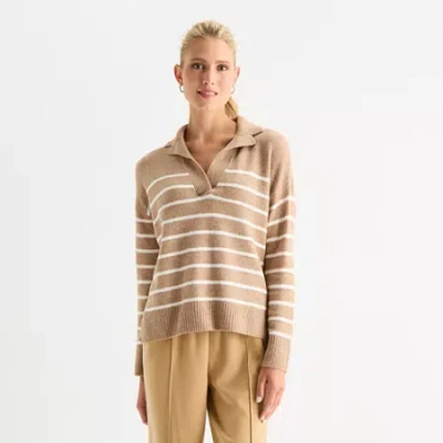 Stylus Womens Johnny Collar Long Sleeve Striped Pullover Sweater In Brown