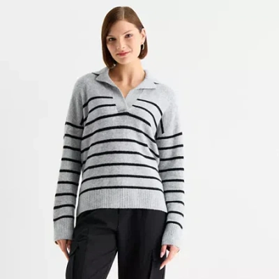 Stylus Womens Johnny Collar Long Sleeve Striped Pullover Sweater In Gray