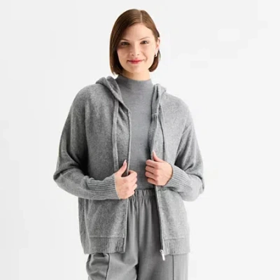 Stylus Womens Hooded Long Sleeve Zip Front Sweater In Gray