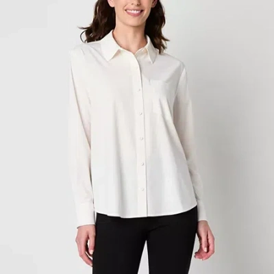 Stylus Womens V Neck Long Sleeve Button-down Shirt In White