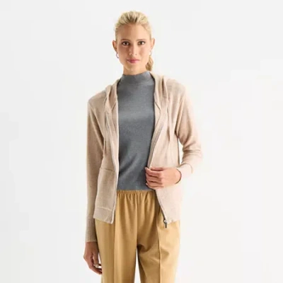 Stylus Womens Hooded Long Sleeve Zip Front Sweater In Brown