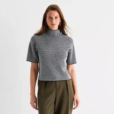 Worthington Womens Mock Neck Short Sleeve Pullover Sweater In Black