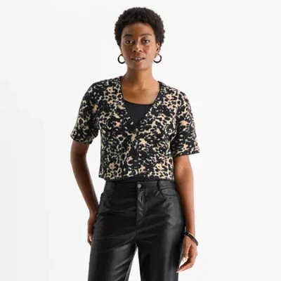 Worthington Womens V Neck Short Sleeve Animal Pullover Sweater In Multi