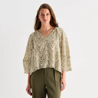 Worthington Womens V Neck Long Sleeve Blouse In Sand