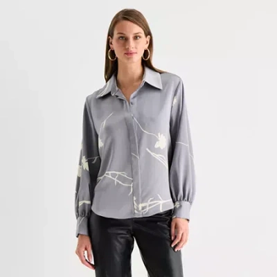 Worthington Womens Long Sleeve Satin Blouse In Gray