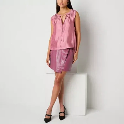 Worthington Womens Split Tie Neck Short Sleeve Blouse In Pink