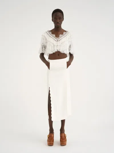 Chloé Scallop Embroidered Wool Straight Skirt In White