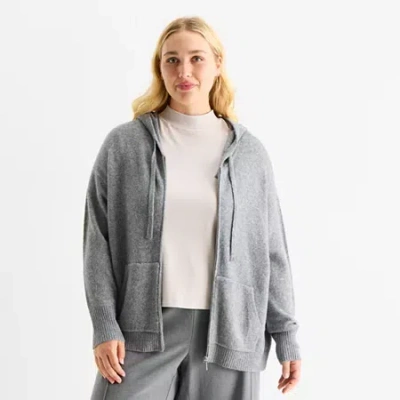 Stylus Plus Womens Hooded Long Sleeve Zip Front Sweater In Gray